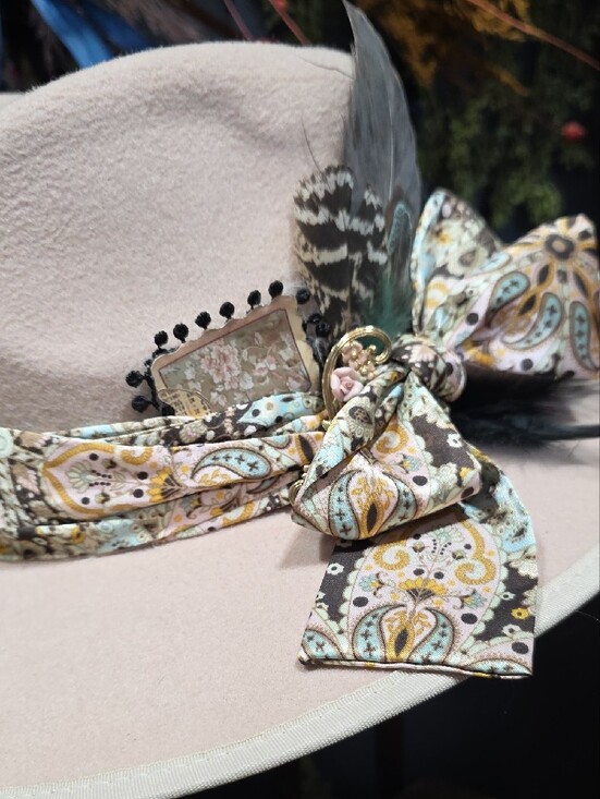 OOAK Blush Wide-Brim Fedora Hat with Paisley Scarf Detail & Accents main image 4